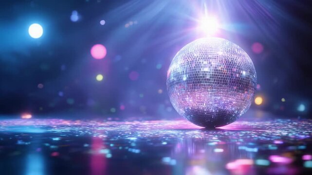 Shiny retro disco ball reflects vibrant purple light for fun nightclub party. Energetic dance music creates festive background atmosphere on sparkling dance floor