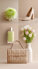 Feminine fashion and beauty accessories flat lay in beige.
