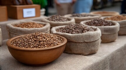 A rustic market display of assorted grains and seeds in burlap sacks and a wooden bowl on a textured burlap cloth