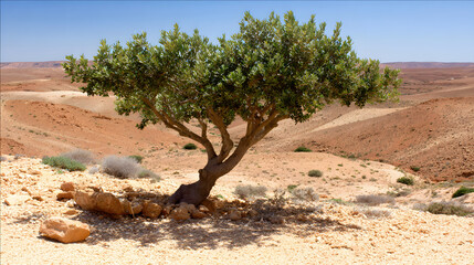 epilogue. A lone argan tree stands in the Moroccan landscape, its gnarled trunk and green leaves under the sun. travel magazines, destination branding, designed for travel destination branding.