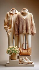Store mannequins with cozy knitwear and autumn fashion.