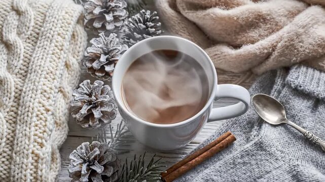 A cozy winter arrangement with a mug of hot cocoa, knitted garments, and pine decorations arranged on a white wooden background.