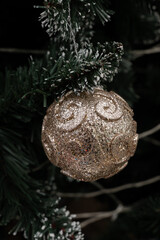Golden Ornament on a Fir: A detailed close-up of a sparkling golden ornament adorning a verdant fir branch, bringing the warmth of the season into focus.