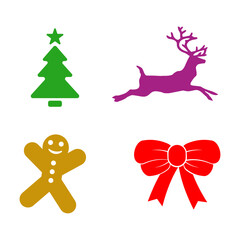 Festive Icons: A collection of vibrant holiday icons featuring a decorated Christmas tree, leaping reindeer, gingerbread man, and elegant bow, perfect for the season's greetings.