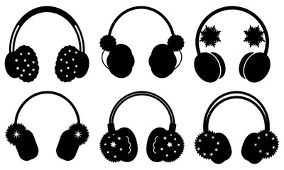 Set of stylized headphones with star and fur patterns on white background star pattern black