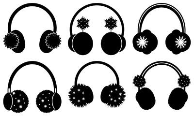 Set of stylized headphones with snowflake and winter on white background snowflakes black