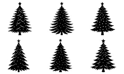 Six black Christmas trees with stars and ornaments on white background