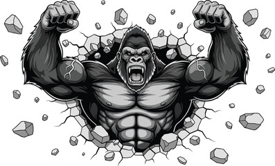 Cartoon gorilla breaking wall, muscular body, clenched fists, roaring expression, power symbol, black and white, flat vector illustration © Miskur Rumi 