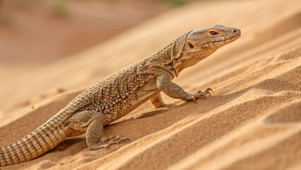 Naklejka premium Desert lizard basking in warm sunlight on sandy dune