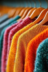 Colorful fluffy sweaters hanging on a clothing rack texture.