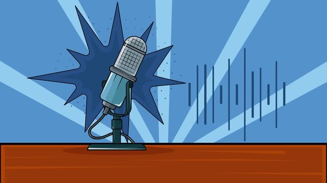 Retro microphone on a stand cartoon animation backgrounds video . Sound Wave Graphic Burst Background Podcast and Recording for entertainment animated footage motion graphic illustration design
