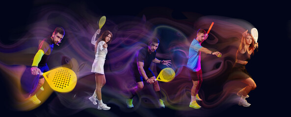 Dynamic athletes showcase padel skills with colorful effects in a vibrant setting © fotofabrika
