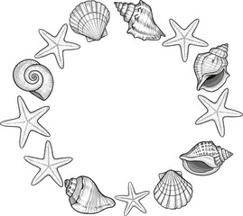 Cartoon starfish and seashells in circle, marine theme, beach decor, ocean elements, symmetrical design, flat vector illustration