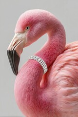 Pink flamingo portrait with a diamond collar on gray background.