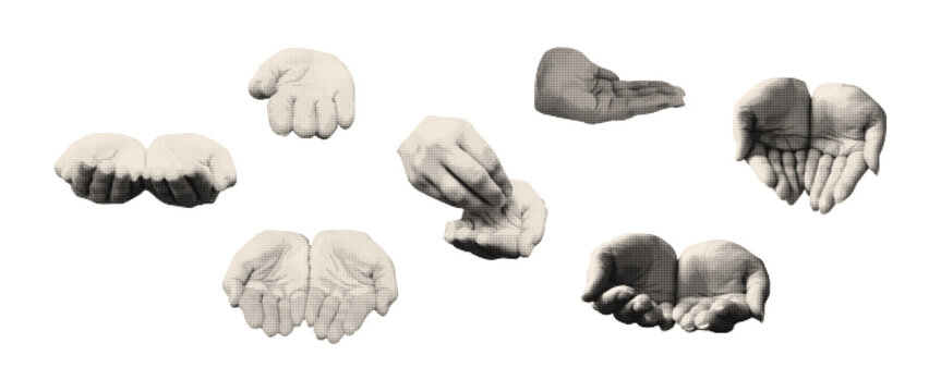 Set of front view of a pair of hands in retro halftone effect. Female hands with open palms giving gesture for solidarity. International Women's day.Collage for love, unity, help, isolated background.