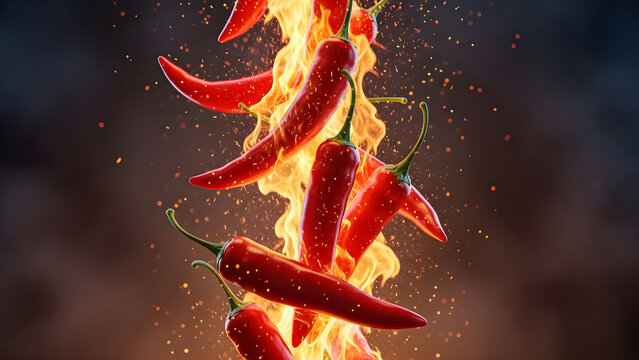 Vibrant red chili peppers engulfed in bright orange flames with glowing embers against a dark background