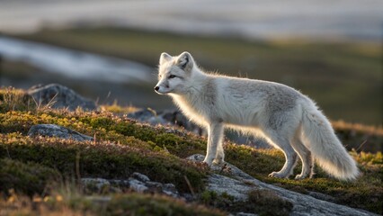 Arctic fox standing on rocky hill in natural habitat