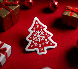 Albero di Natale su sfondo rosso. Festivit&agrave; natalizie. (1)