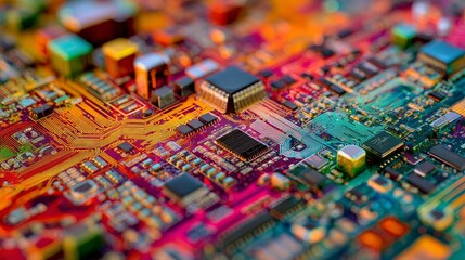 High-tech glowing printed circuit board with vibrant electronic traces and illuminated components, showcasing modern digital hardware complexity