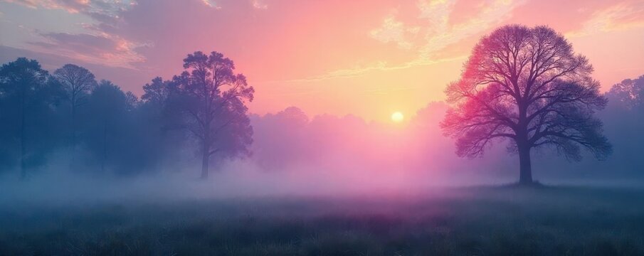Pastel sunrise paints foggy forest, ethereal light , arboreal, ambiance
