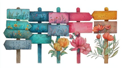 Watercolor Wooden Signposts with Blooming Flowers in Pastel Colors, Rustic Decorative Elements for Seasonal Design, Wedding, and Nature Themes