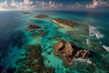 A top-down aerial view of small tropical islands . Generative AI