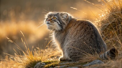 Pallas's cat sitting in golden grass with alert expression