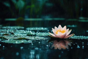 A serene pond with a single pink lotus flower gently floating on its surface, surrounded by lush green lily pads and the soft glow of rain falling gently from the sky, creating a tranquil atmosphere.