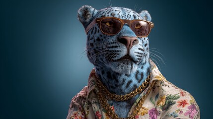 Stylized Anthropomorphic Leopard with Gold Sunglasses, Floral Shirt and Chain Necklace on Dark Background