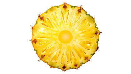 Close-up of a perfectly sliced tropical fruit, showcasing the intricate internal structure of its fleshy, juicy segments