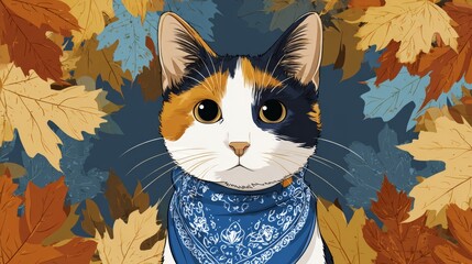 Calico Cat with Expressive Eyes and Blue Bandana Surrounded by Autumn Leaves on Dark Background
