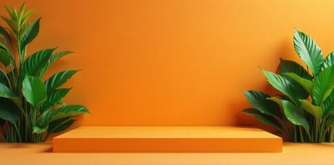 Sleek orange platform, vibrant green plants, clean backdrop, object, leaves
