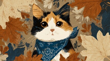 Calico Cat with Expressive Eyes and Blue Bandana Surrounded by Autumn Leaves on Dark Background