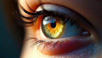 Vibrant yellow eye, dramatic long lashes Extreme close-up view , macro shot, color