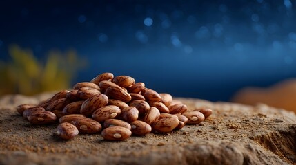 A pile of speckled pinto beans rests on a textured surface against a dark star filled bokeh background