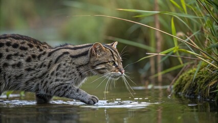 Wild cat stalking through shallow water with lush greenery
