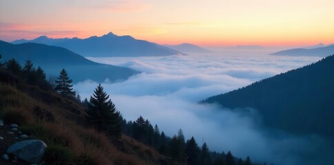 Thick fog rolling over a mountain range at dawn, range, outdoor