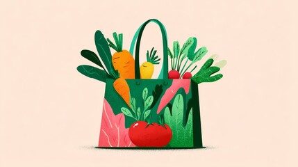 Reusable Green Shopping Bag Filled with Fresh Vegetables on Beige Background Promoting Healthy Eating, Sustainability, and Eco-Friendly Lifestyle
