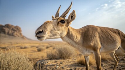 Wild antelope standing in desert landscape with horns