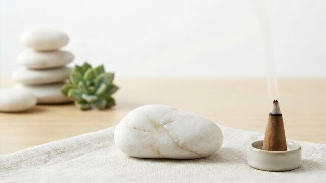 Stacked zen stone and burning candle in a bowl on sand, representing Cloud Dancer Color of the Year 2026, for spa and relaxation. Cloud Dancer Color of the Year 2026