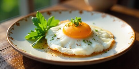 Vibrant plate, sunny-side-up egg, ornate hairpin , stylized, close-up