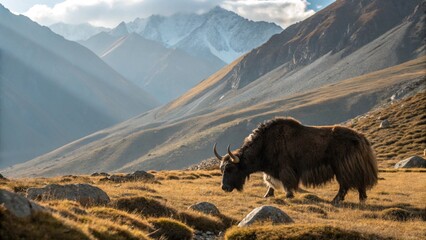 Majestic yak roaming serene mountain landscape with golden light