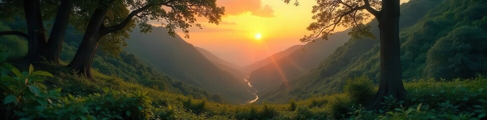 Soft sunrise hues blending into deep forest greens, nature, vibrant