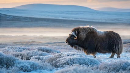 Majestic muskox standing in snowy landscape with frosty bushes