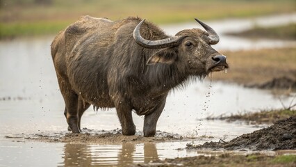Muddy buffalo standing in shallow water with horns