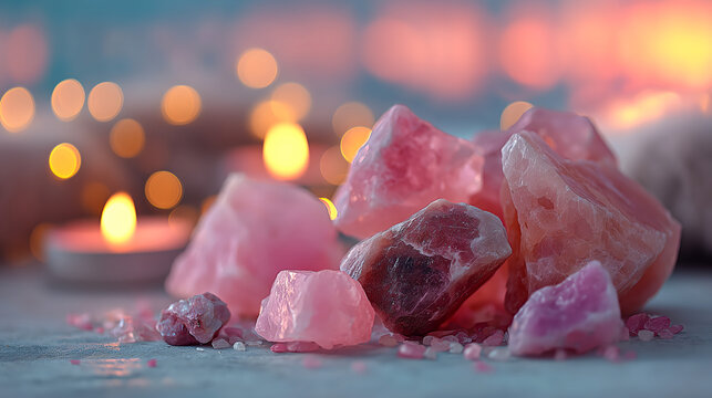 Abstract rose quartz crystal texture background with warm candlelight bokeh. Dreamy pink macro wallpaper for spiritual, romance, and astrology concepts.