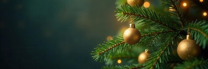 Graceful boughs of a Christmas tree, delicately accented with shimmering golden baubles , xmas tree, fir