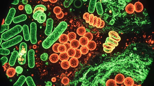 High-resolution fluorescence microscopy animation showing microorganisms stained with fluorescent dyes, emitting vivid green and red light under ultraviolet excitation in a dark laboratory environment