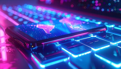A neon-lit smartphone displays a world map, resting on a glowing keyboard
