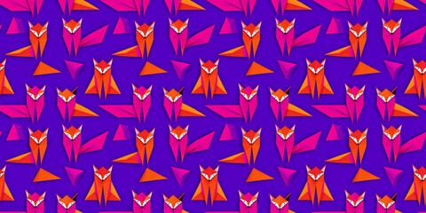 Vibrant seamless geometric pattern, abstract foxes in electric purple, orange, and lime green, great for packaging, apparel, and web design